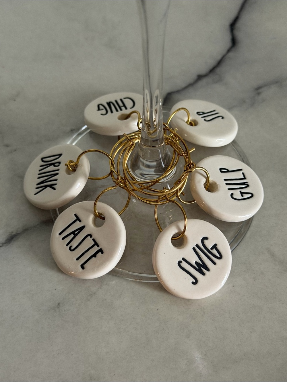 Rae Dunn White Ceramic Wine Glass Charms with Gold Rings - Set of 6